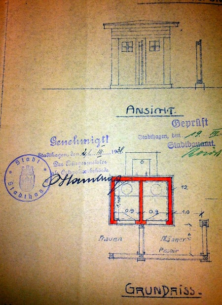 MEC Stadthagen: Haltepunkt Georgschacht: Plan der Abortanlage. 1938. Quelle: Stadtarchiv Stadthagen